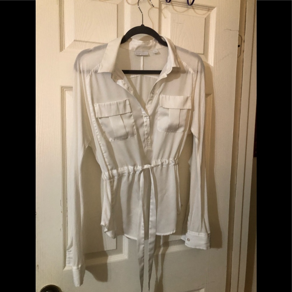 New York & Company sheer cream belted blouse with pockets. Never worn